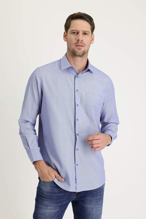 Blue Long-Sleeve Classic Patterned Cotton Easy-Iron Shirt
