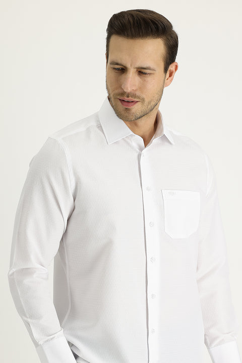 White Long-Sleeve Classic Patterned Cotton Shirt, Easy-Iron