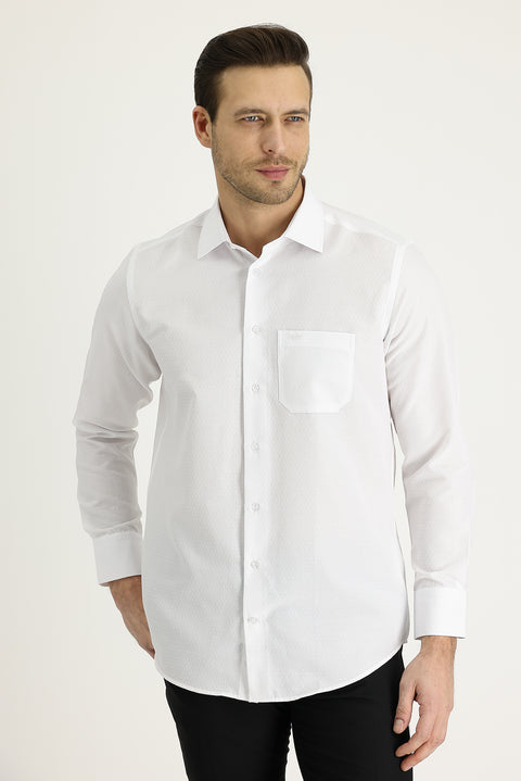 White Long-Sleeve Classic Patterned Cotton Shirt, Easy-Iron