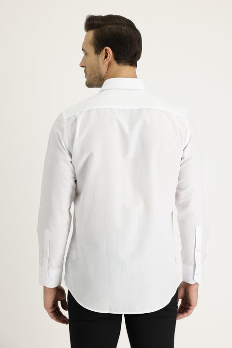 White Long-Sleeve Classic Patterned Cotton Shirt, Easy-Iron