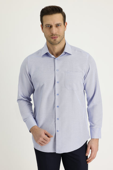 Blue Long-Sleeve Classic Patterned Cotton Easy-Iron Shirt
