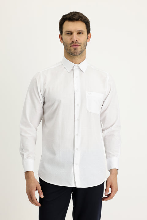 White Long-Sleeve Classic Patterned Cotton Easy-Iron Shirt