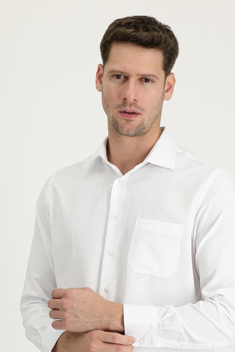 White Long-Sleeve Classic Patterned Cotton Shirt
