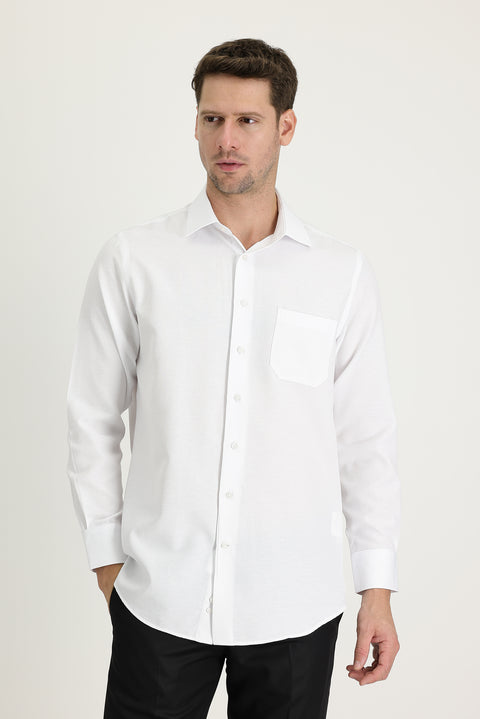 White Long-Sleeve Classic Patterned Cotton Shirt