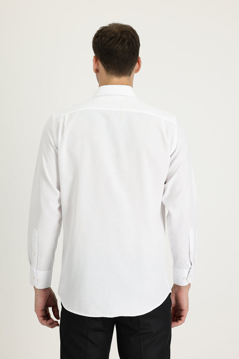 White Long-Sleeve Classic Patterned Cotton Shirt