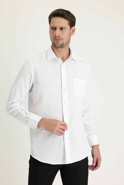 White Long-Sleeve Classic Patterned Shirt