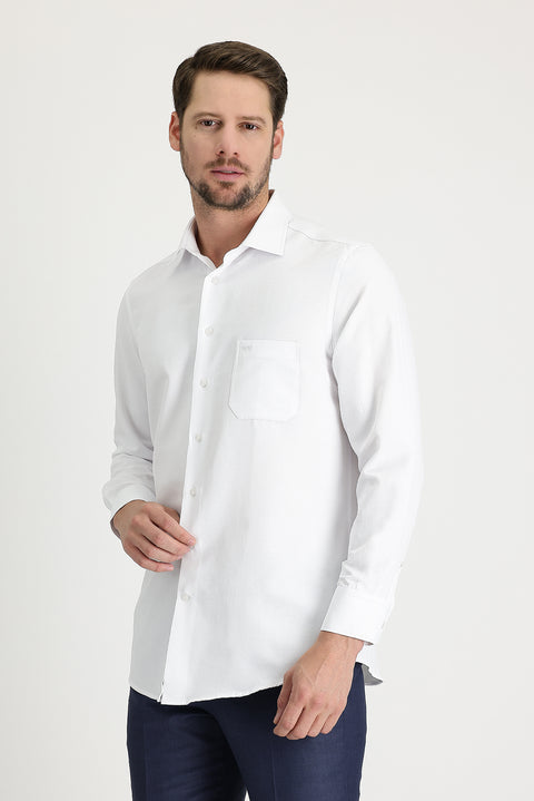 White Long-Sleeve Classic Patterned Cotton Shirt