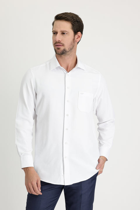 White Long-Sleeve Classic Patterned Cotton Shirt