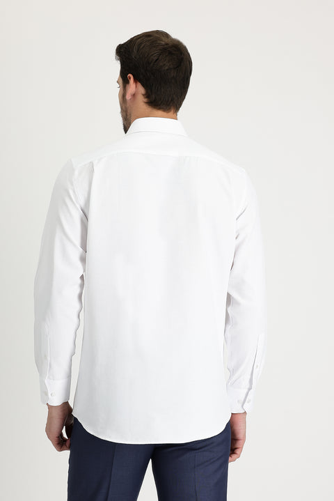 White Long-Sleeve Classic Patterned Cotton Shirt