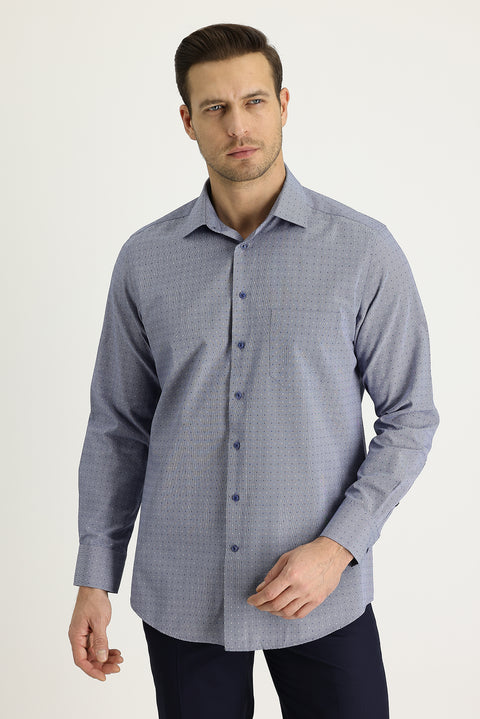 Dark Navy Long Sleeve Regular Fit Patterned Shirt