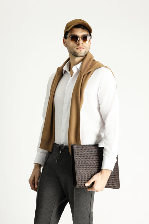 White Long-Sleeve Classic Patterned Cotton Shirt