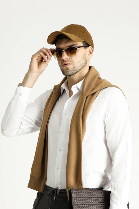 White Long-Sleeve Classic Patterned Cotton Shirt