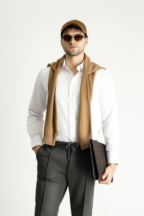 White Long-Sleeve Classic Patterned Cotton Shirt