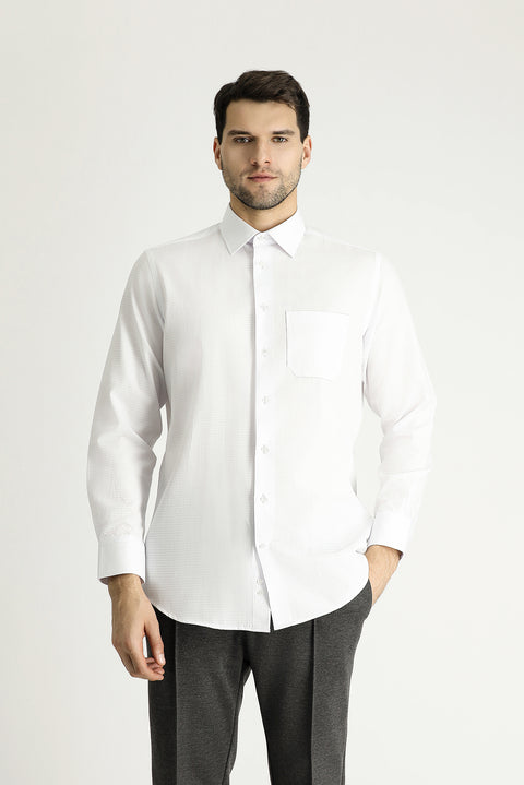 White Long-Sleeve Classic Patterned Cotton Shirt