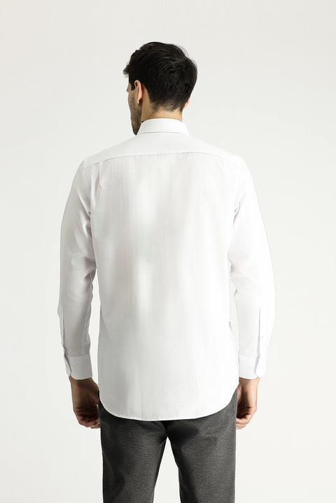 White Long-Sleeve Classic Patterned Cotton Shirt