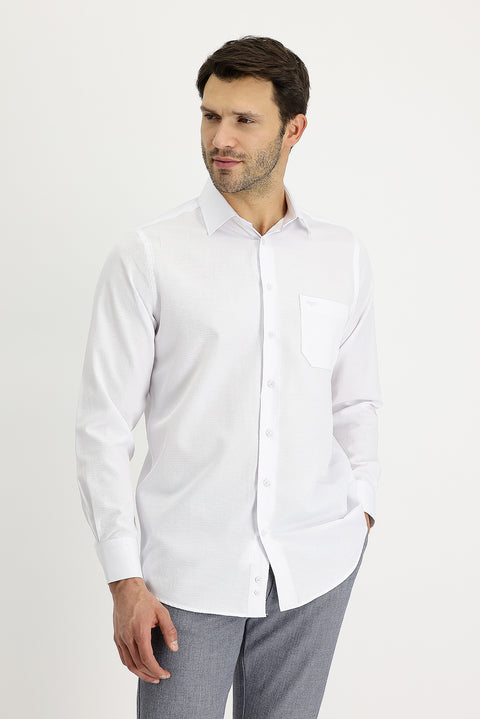White Long-Sleeve Classic Patterned Cotton Easy-Iron Shirt