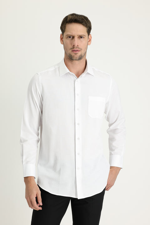White Long-Sleeve Classic Patterned Cotton Easy-Iron Shirt