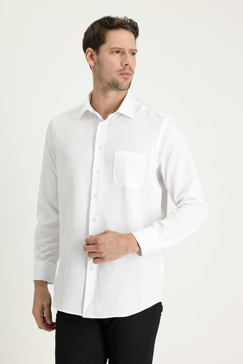 White Long-Sleeve Classic Patterned Cotton Easy-Iron Shirt