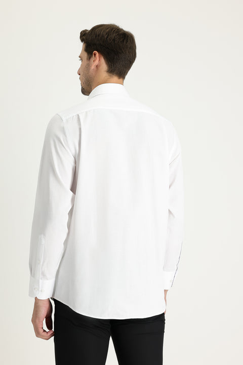 White Long-Sleeve Classic Patterned Cotton Easy-Iron Shirt