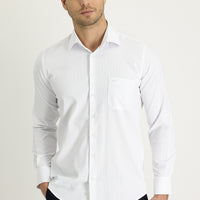 White Long-Sleeve Classic Patterned Cotton Shirt, Easy-Iron