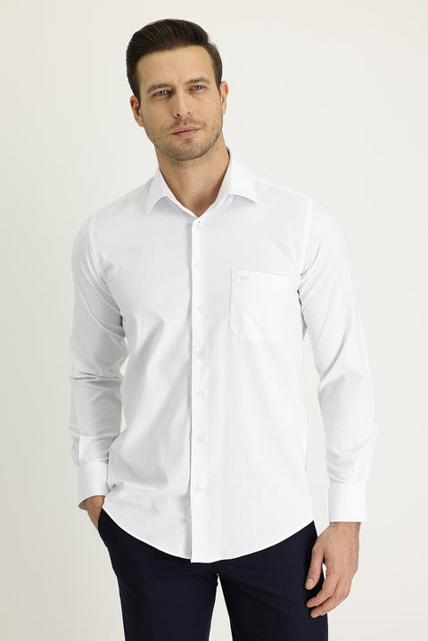 White Long-Sleeve Classic Patterned Cotton Shirt, Easy-Iron
