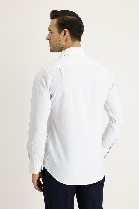 White Long-Sleeve Classic Patterned Cotton Shirt, Easy-Iron