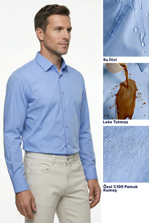 Light Blue Long Sleeve Classic Nano Care Water Repellent Stain Resistant 4 Seasons Cotton Shirt