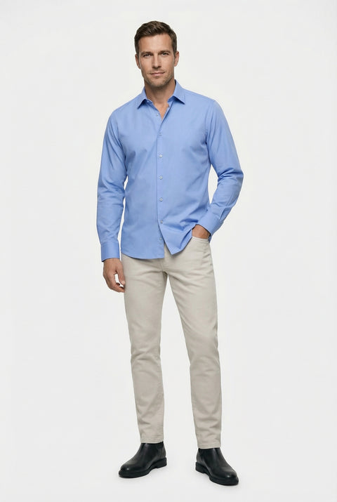 Light Blue Long Sleeve Classic Nano Care Water Repellent Stain Resistant 4 Seasons Cotton Shirt
