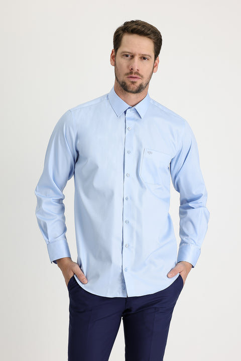 Light Blue Long Sleeve Non-Iron Satin Classic Cotton Shirt