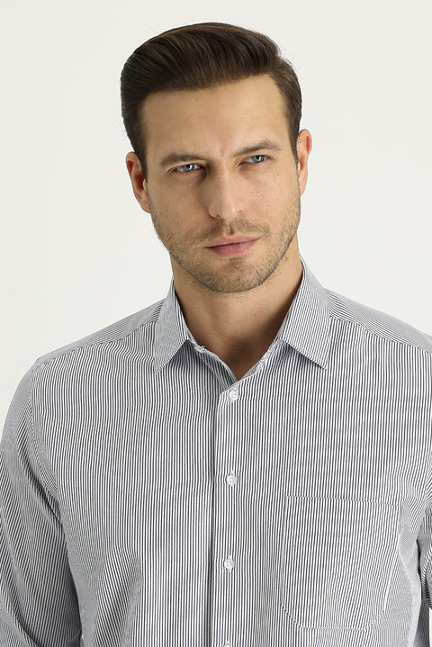 Dark Navy Long Sleeve Regular Fit Striped Shirt