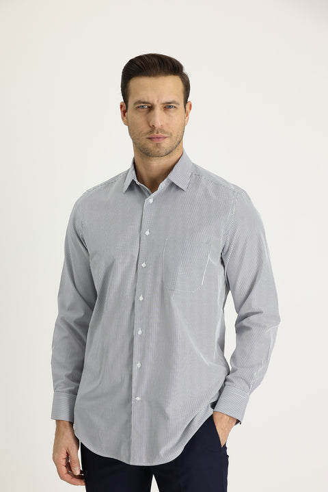 Dark Navy Long Sleeve Regular Fit Striped Shirt
