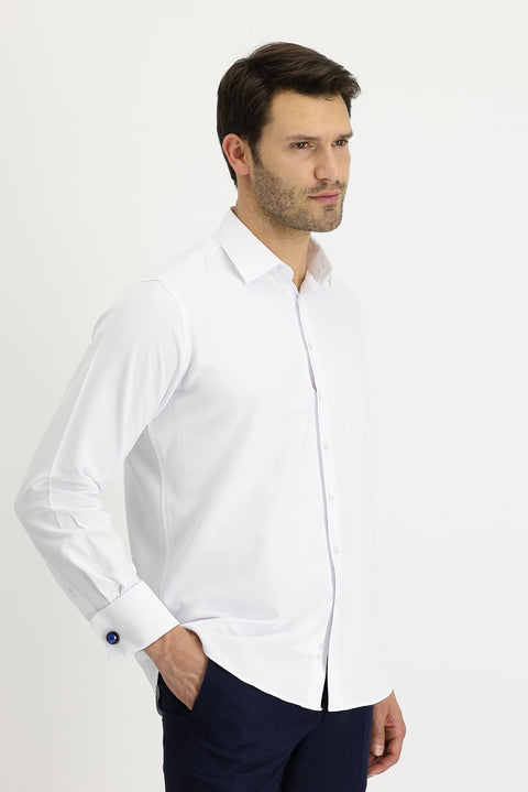 White Long-Sleeve Classic Cotton Shirt with Cuffs
