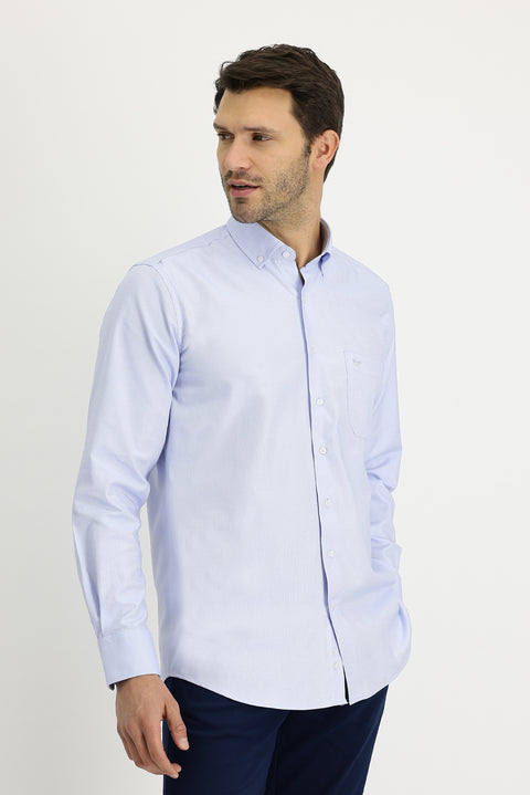 Light Blue Long Sleeve Regular Fit Cotton Button-Down Shirt