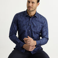 Dark Navy Long Sleeve Slim Fit Printed Cotton Shirt