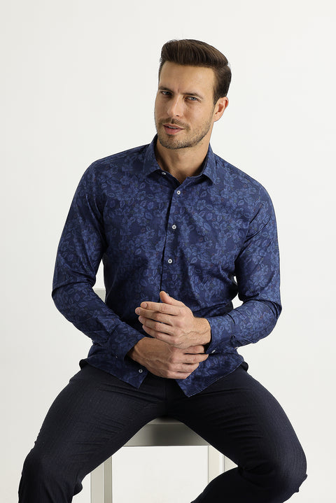 Dark Navy Long Sleeve Slim Fit Printed Cotton Shirt