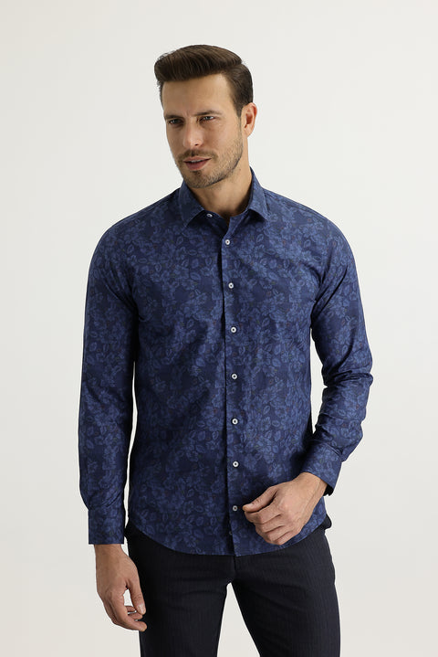 Dark Navy Long Sleeve Slim Fit Printed Cotton Shirt