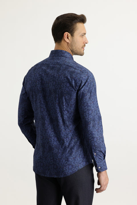 Dark Navy Long Sleeve Slim Fit Printed Cotton Shirt