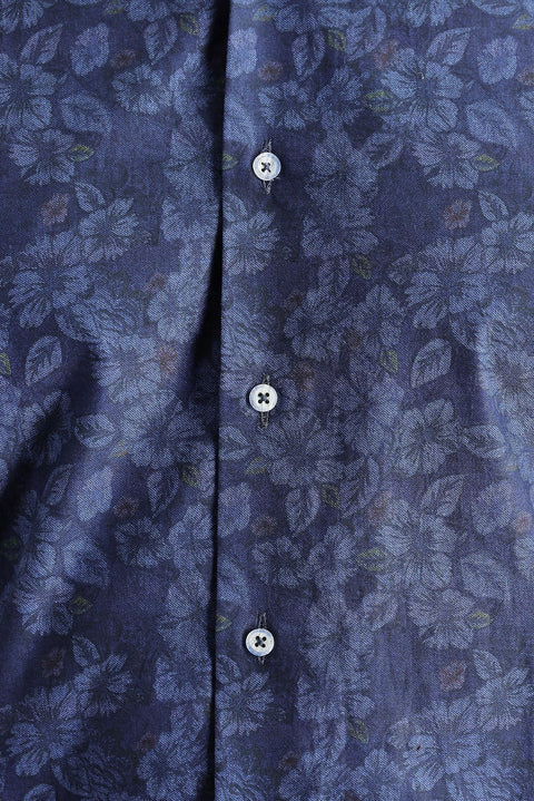 Dark Navy Long Sleeve Slim Fit Printed Cotton Shirt