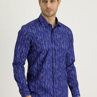 Blue Long Sleeve Slim Fit Printed Cotton Shirt