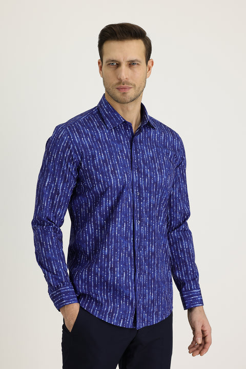 Blue Long Sleeve Slim Fit Printed Cotton Shirt