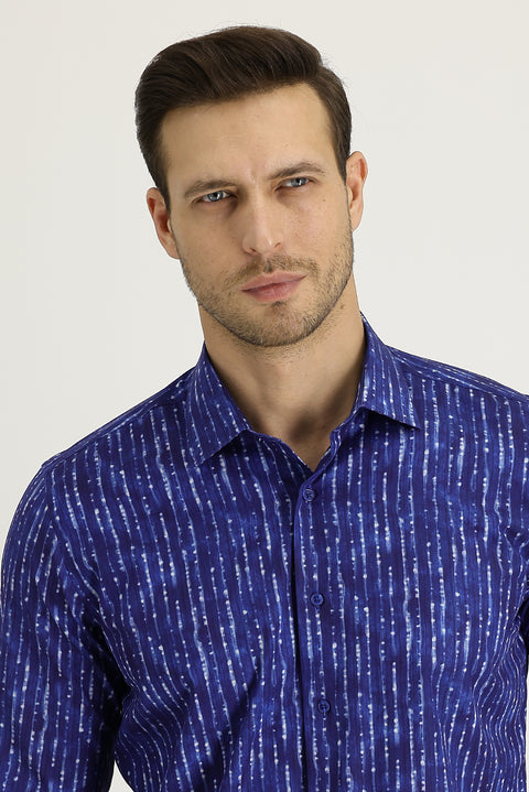 Blue Long Sleeve Slim Fit Printed Cotton Shirt