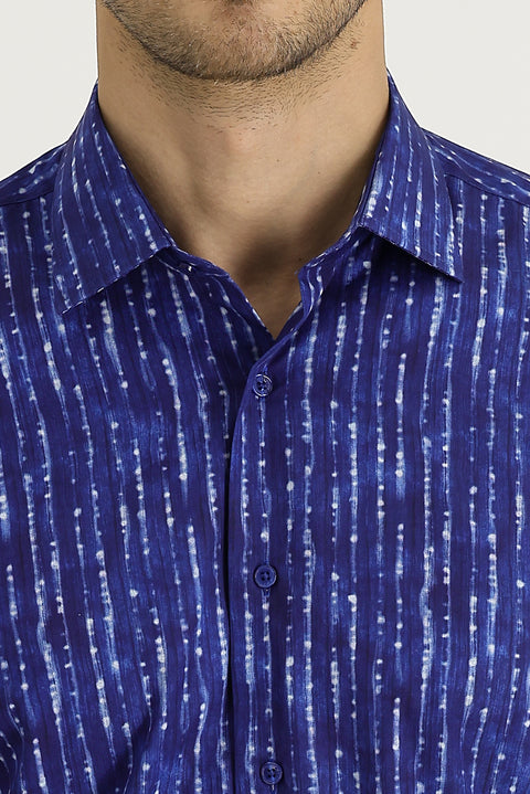 Blue Long Sleeve Slim Fit Printed Cotton Shirt