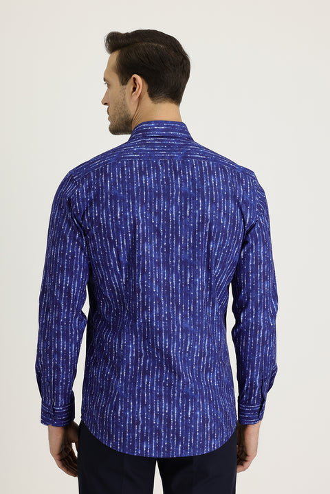 Blue Long Sleeve Slim Fit Printed Cotton Shirt