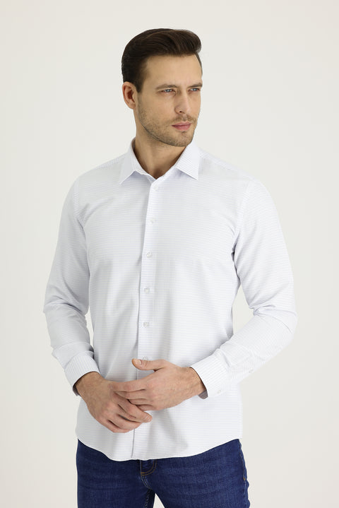 White Long Sleeve Slim Fit Patterned Shirt