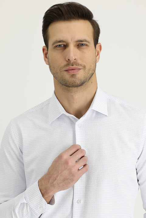 White Long Sleeve Slim Fit Patterned Shirt