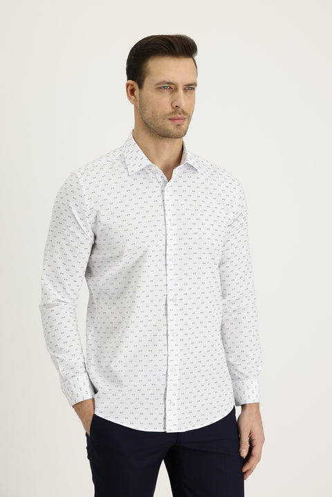 Medium Navy Long Sleeve Slim Fit Patterned Shirt