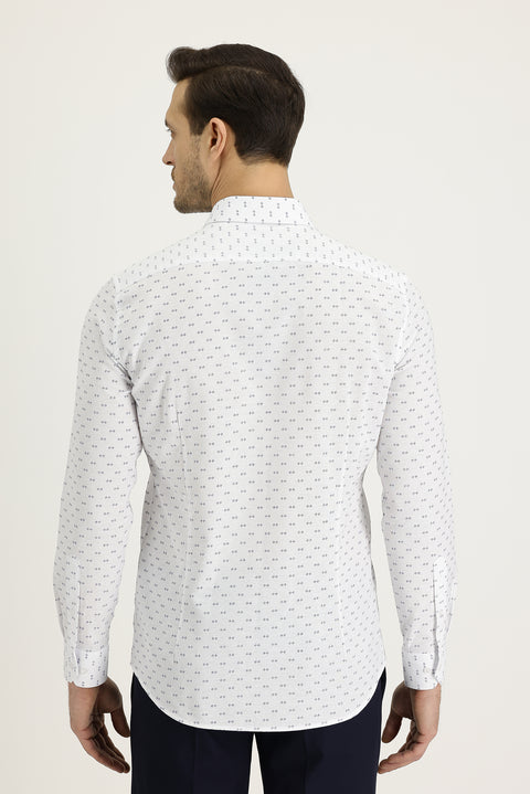 Medium Navy Long Sleeve Slim Fit Patterned Shirt