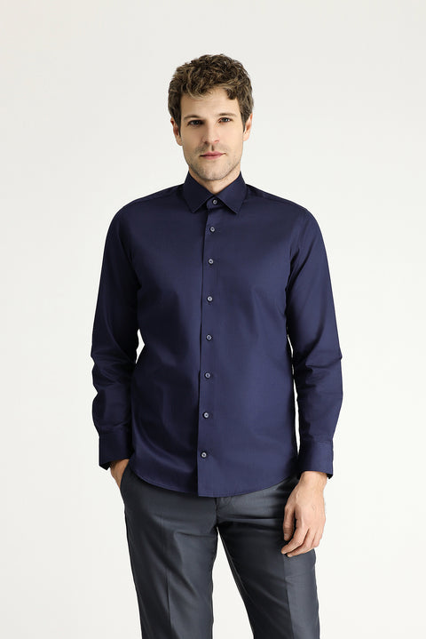 Dark Navy Long Sleeve Slim Fit Classic Nano Care Water Repellent Stain Resistant 4 Seasons Cotton Shirt