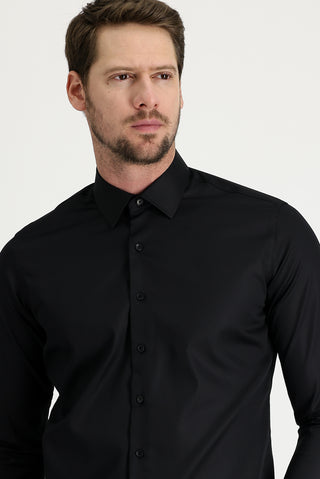  Siyah Uzun Kol Slim Fit Dar Kesim Non Iron Pamuklu Gömlek