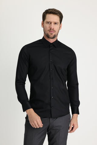  Siyah Uzun Kol Slim Fit Dar Kesim Non Iron Pamuklu Gömlek